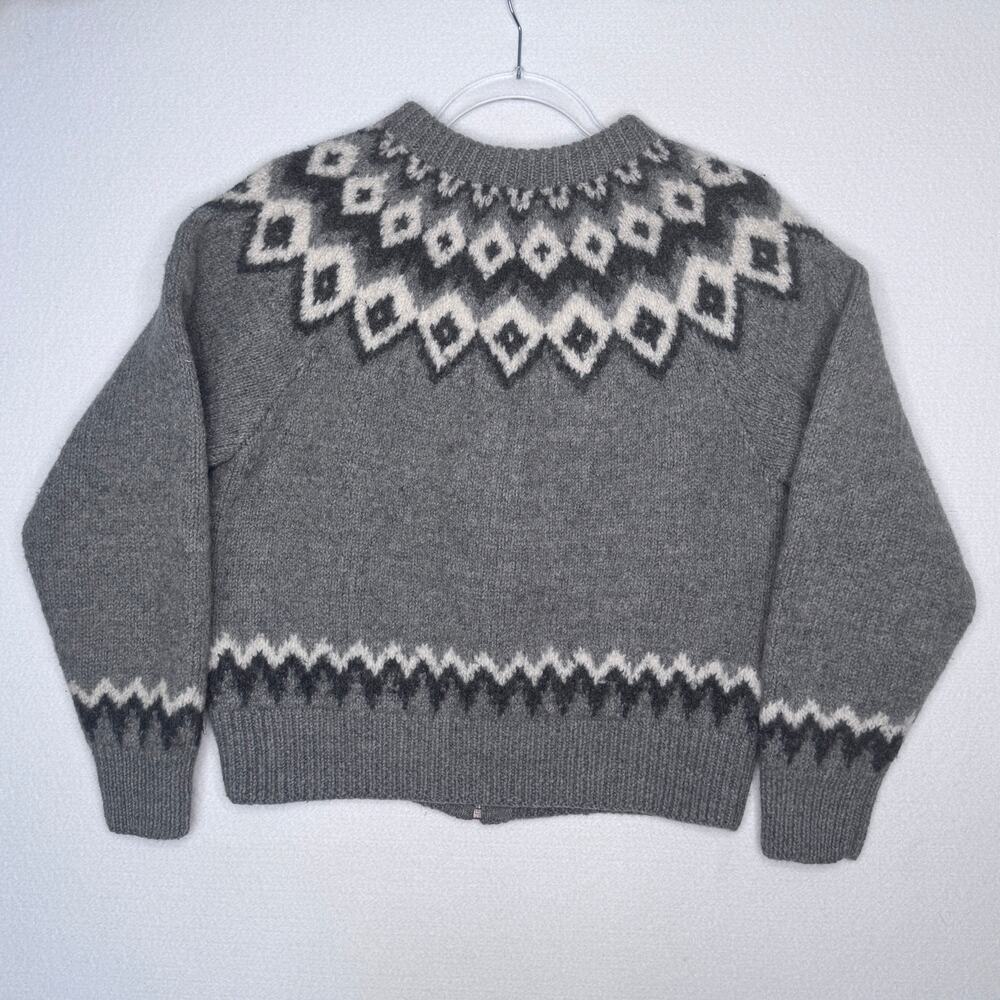 Vintage 1990s L.L.Bean Gray Fair Isle Nordic 100% Wool Zip Cardigan Sweater M - Picture 11 of 15